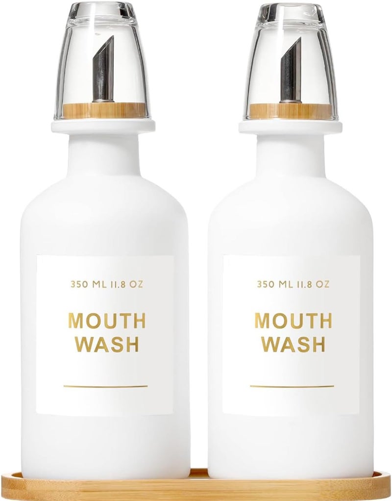 BONLONG 11.8OZ Mouthwash Dispenser for Bathroom with Bamboo & Stainless Steel Pour Spout, Mouthwash Cups Reusable, Bamboo Tray, and Elegant Gold Label. Set of 2（White - Image 1